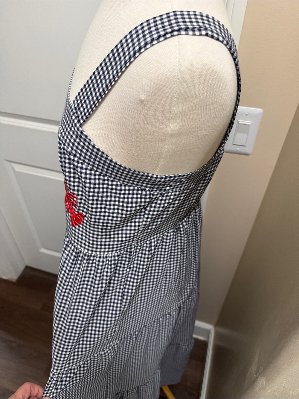 Blue and White Gingham Maxi Dress with Red Embroidery nantucket weekend dress - Picture 3 of 5
